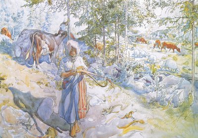 Alla fine arrivò la piccola Kertsi con un ramoscello di salice per guidare le mucche da Carl Larsson